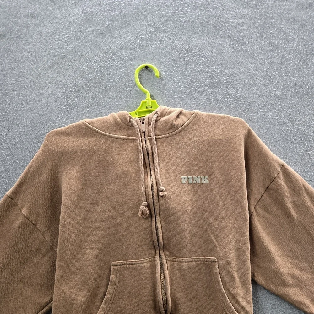 PINK Victoria's Secret Women Hoodie‎ L Brown Fleece Logo Campus Zipper